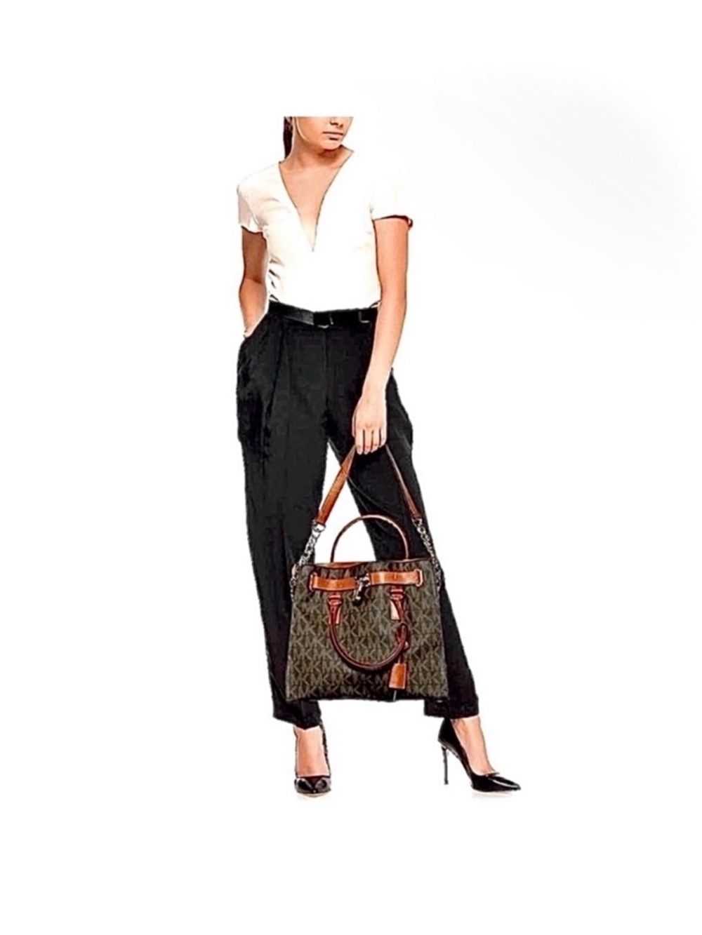 Michael Kors Lg NS Hamilton Signature Logo PVC/Vegan Leather Top Handle